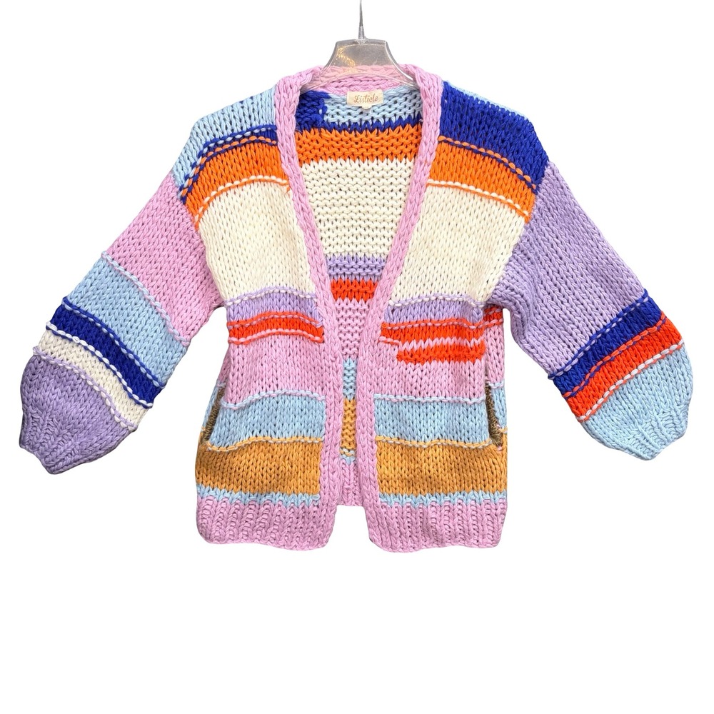 Listicle Chunky Knit Cardigan Sweater Multi Color Colorblock Open Front Boho Med